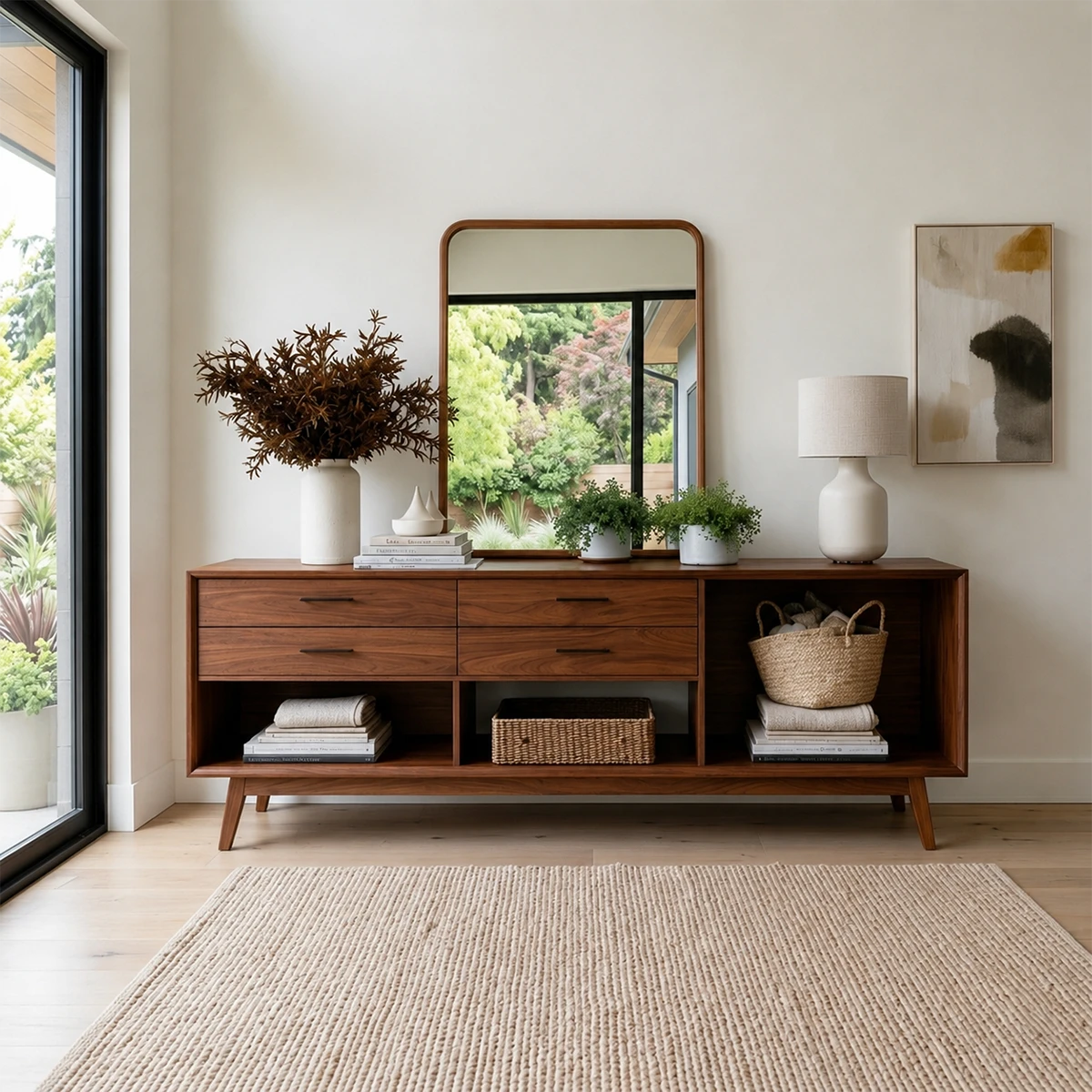Elegant storage console with four drawers and open shelves for organized living spaces