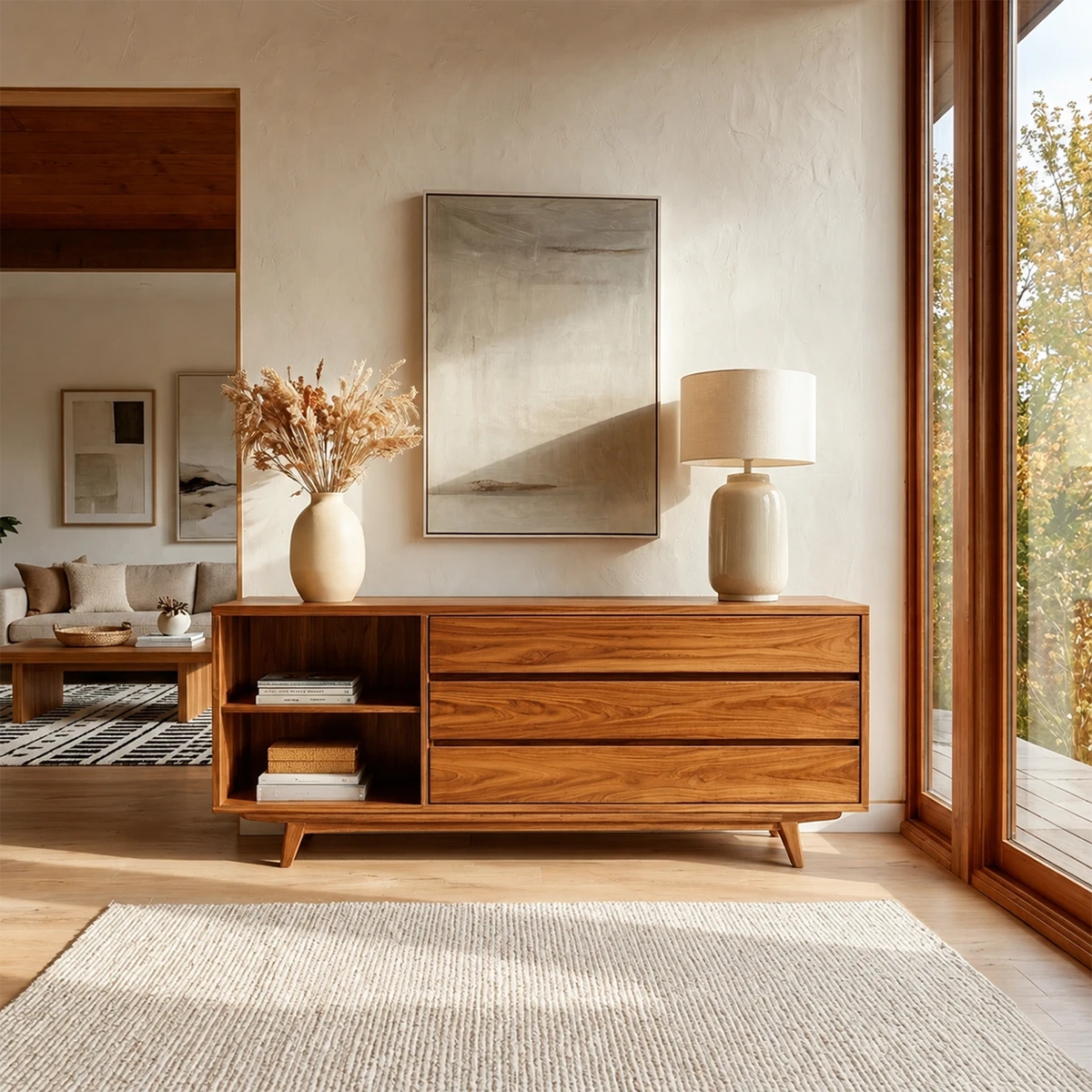 Functional entryway console table featuring drawer storage and display shelf space
