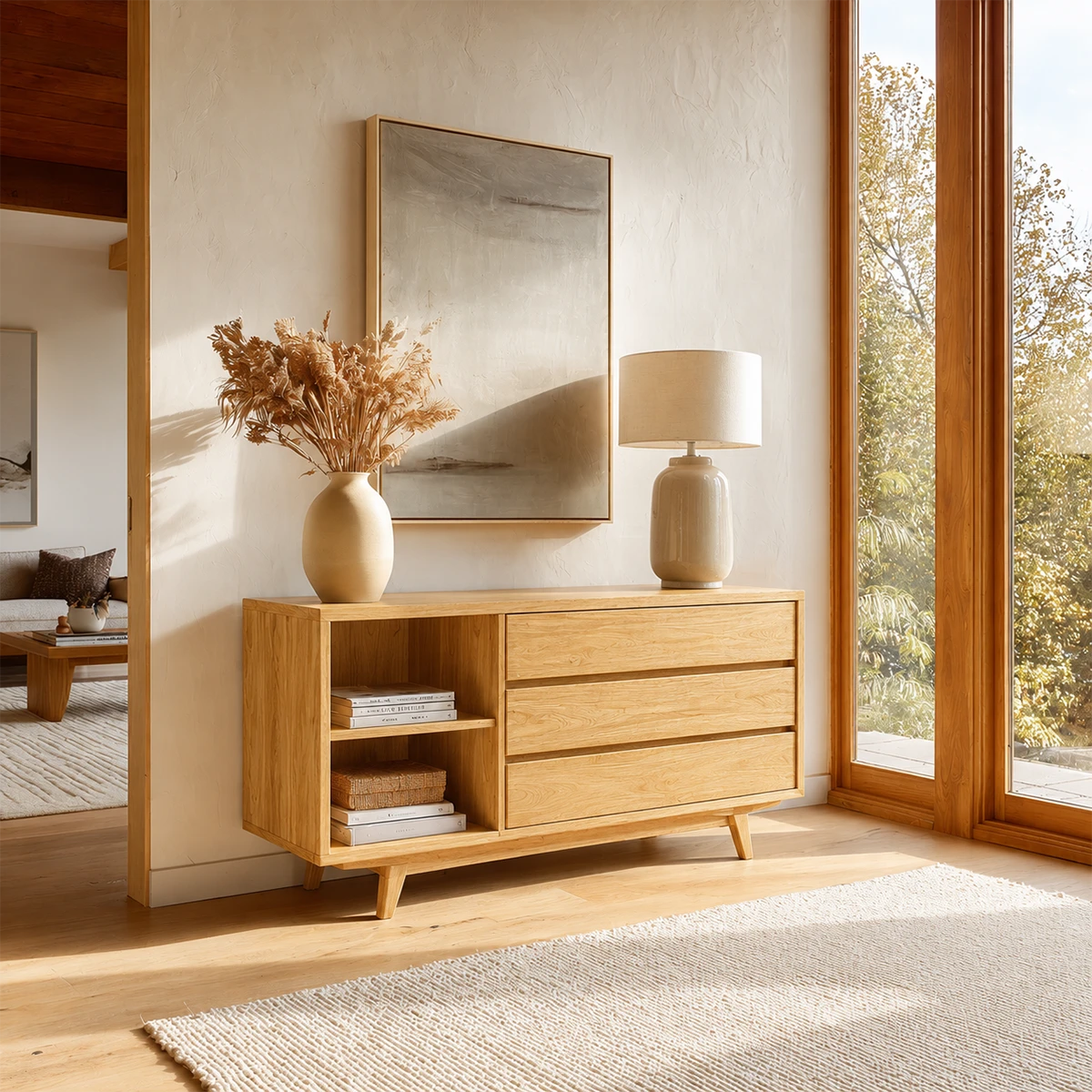 Contemporary sofa table with integrated drawer storage and open lower shelf design