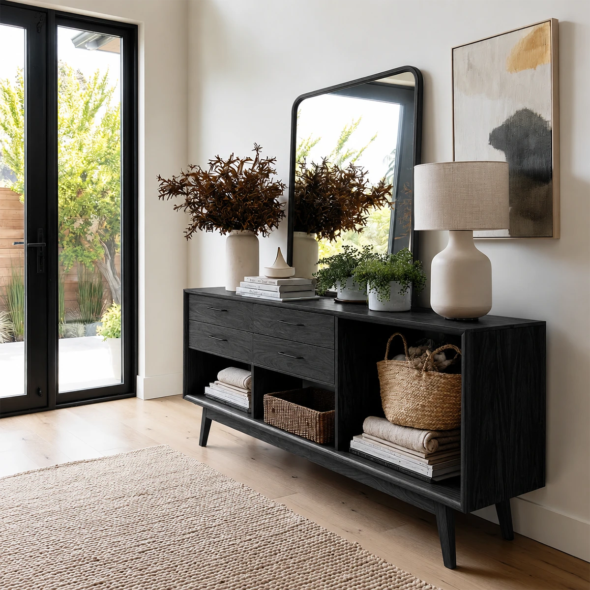 Thoughtfully designed hallway table featuring concealed storage and display shelving
