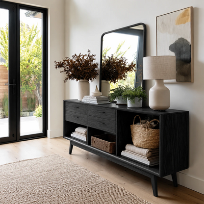 Thoughtfully designed hallway table featuring concealed storage and display shelving