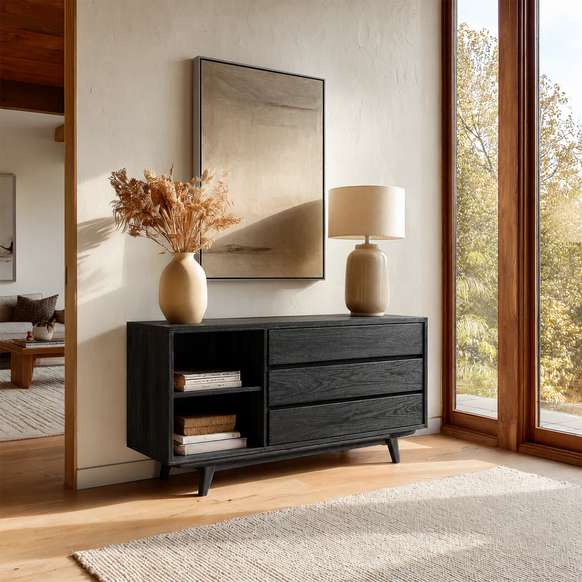 Versatile entry console offering concealed organization and open display functionality