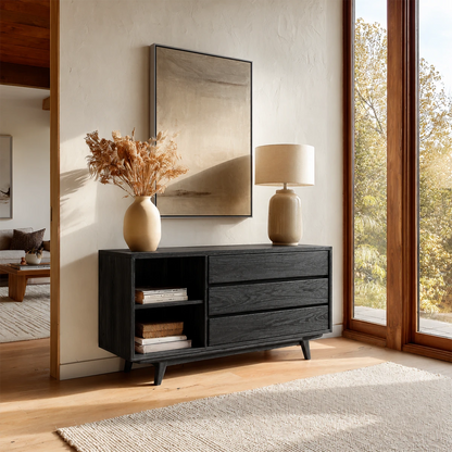 Versatile entry console offering concealed organization and open display functionality