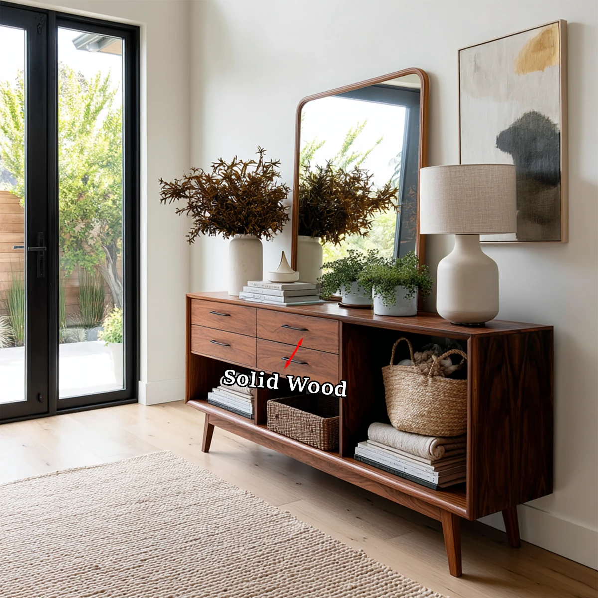 Contemporary storage console with drawer organization and spacious open compartments