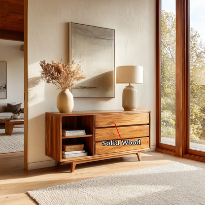 Refined hallway table with drawer storage and open shelf for decorative accents