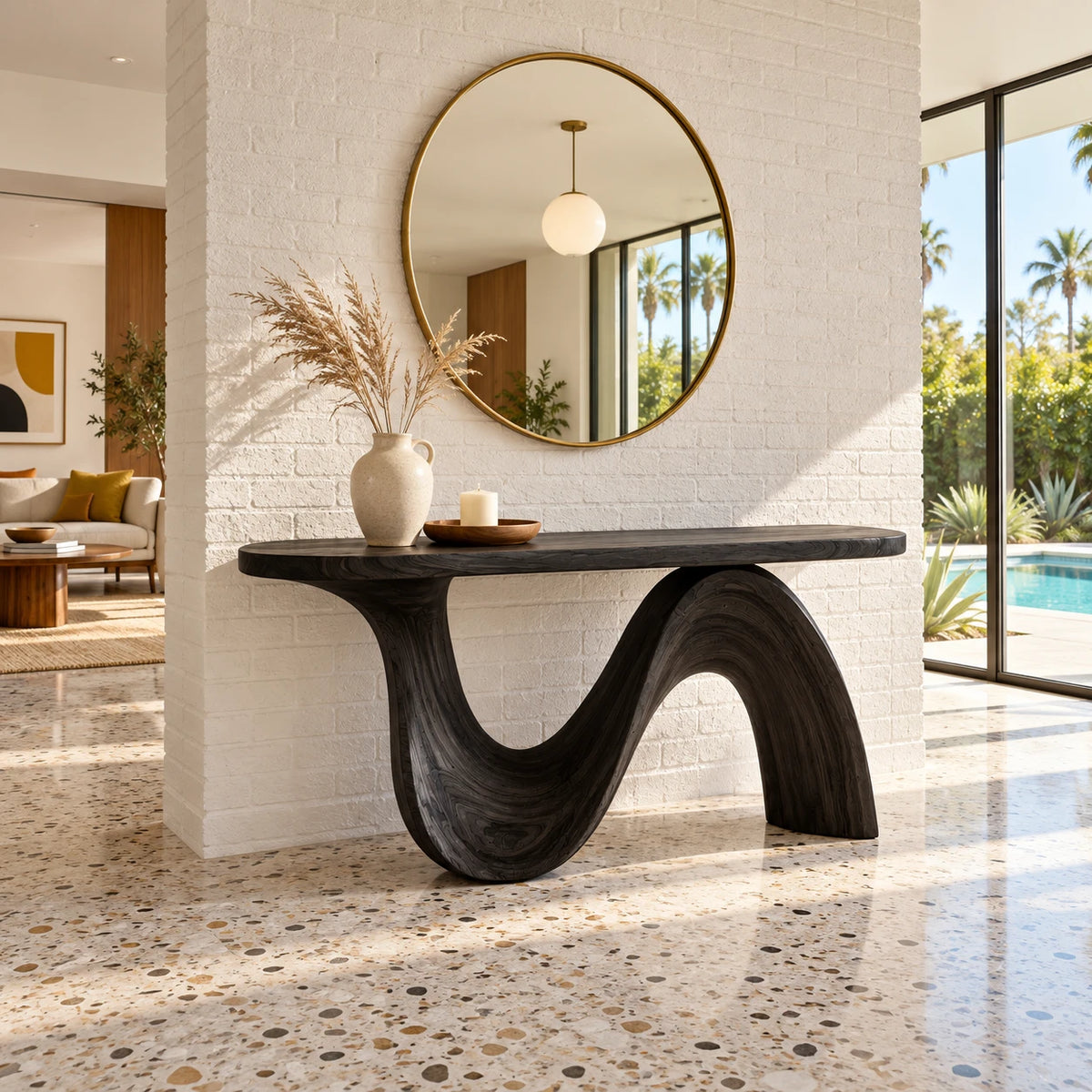 Modern Console Table with Flowing Wave Pedestal Base and Rounded-End Top - Arboriswood - 10