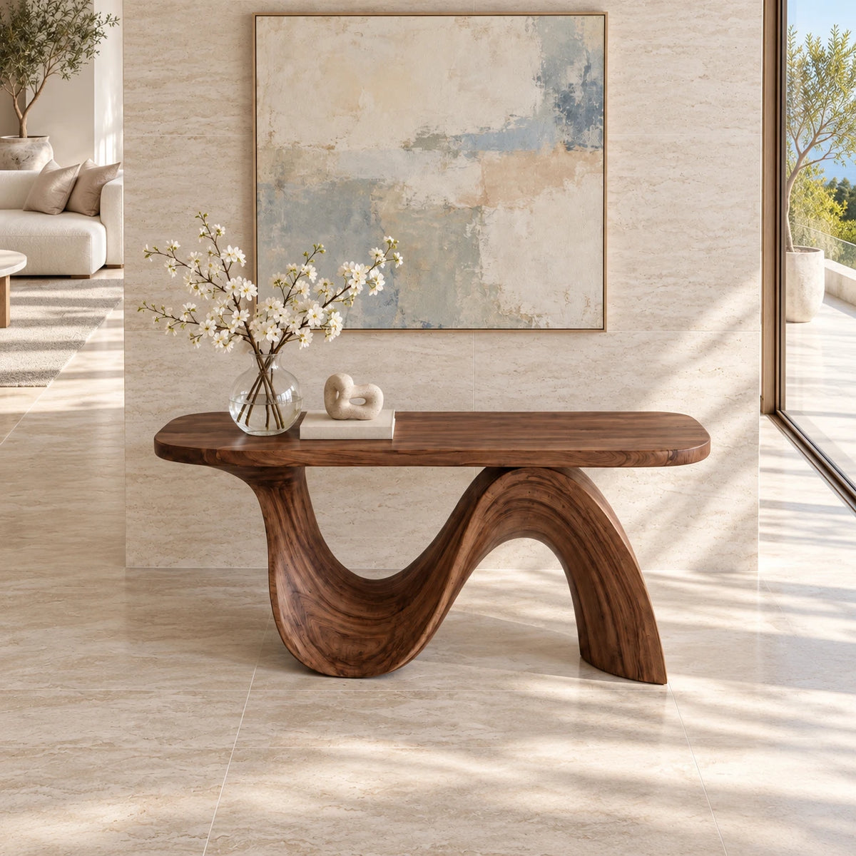 Modern Console Table with Flowing Wave Pedestal Base and Rounded-End Top - Arboriswood - 5