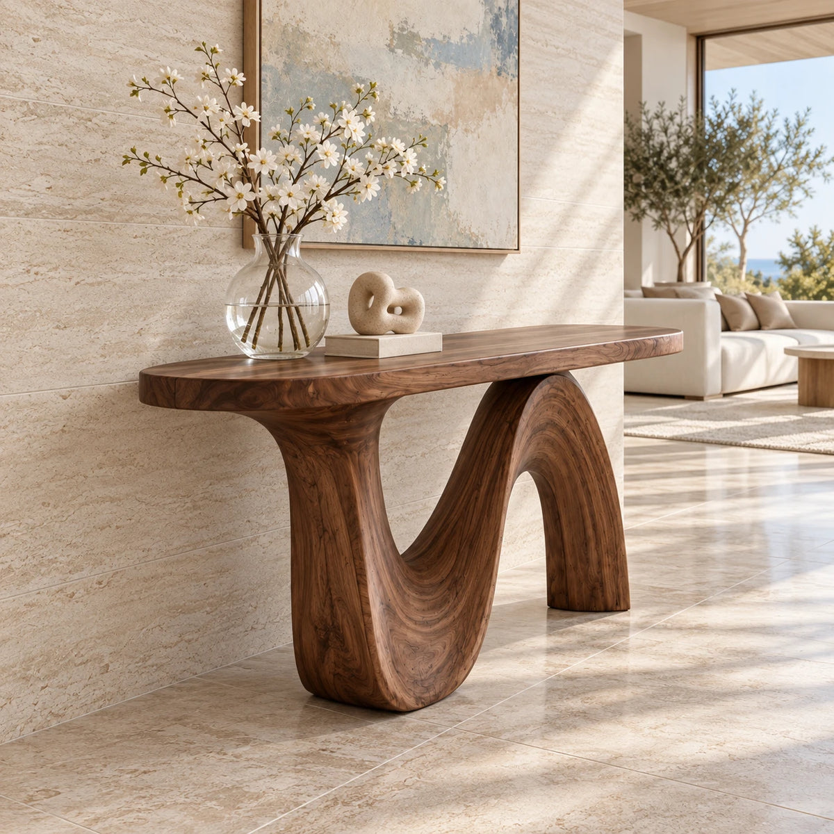 Modern Console Table with Flowing Wave Pedestal Base and Rounded-End Top - Arboriswood - 6
