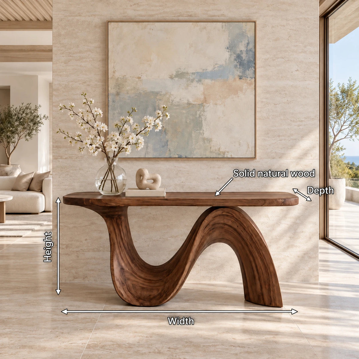 Modern Console Table with Flowing Wave Pedestal Base and Rounded-End Top - Arboriswood - 7