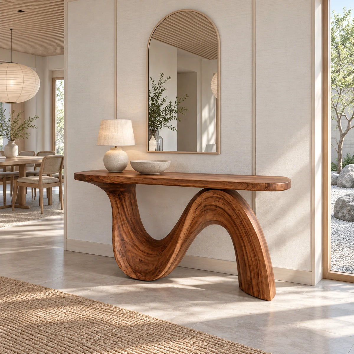 Modern Console Table with Flowing Wave Pedestal Base and Rounded-End Top - Arboriswood - 9