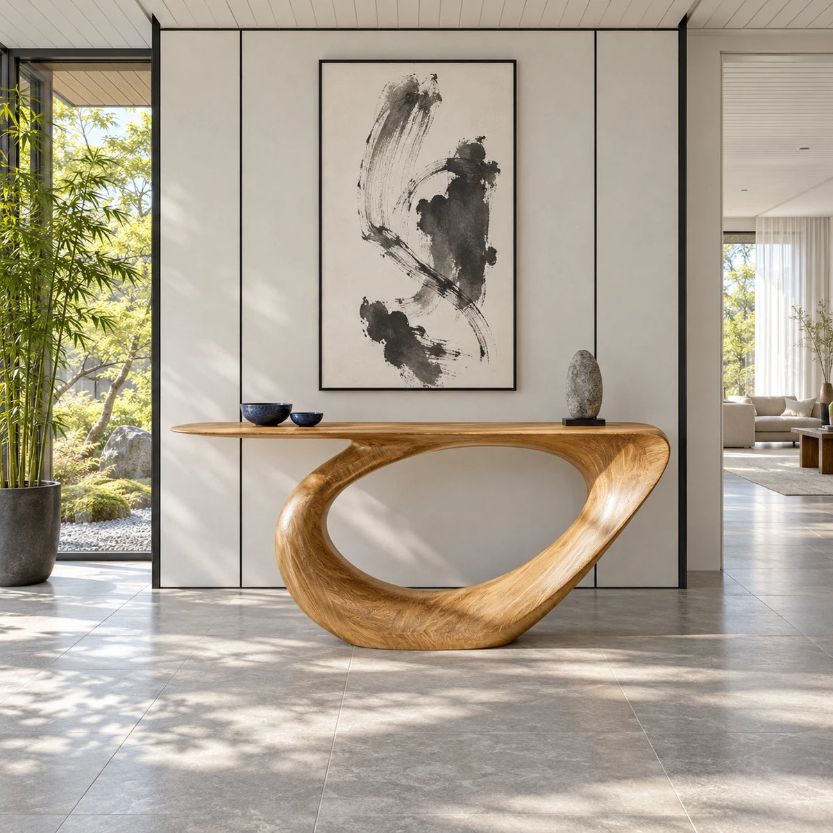 Modern Console Table with Looping Teardrop Pedestal and Tapered-Point Slab Top - Arboriswood - 11