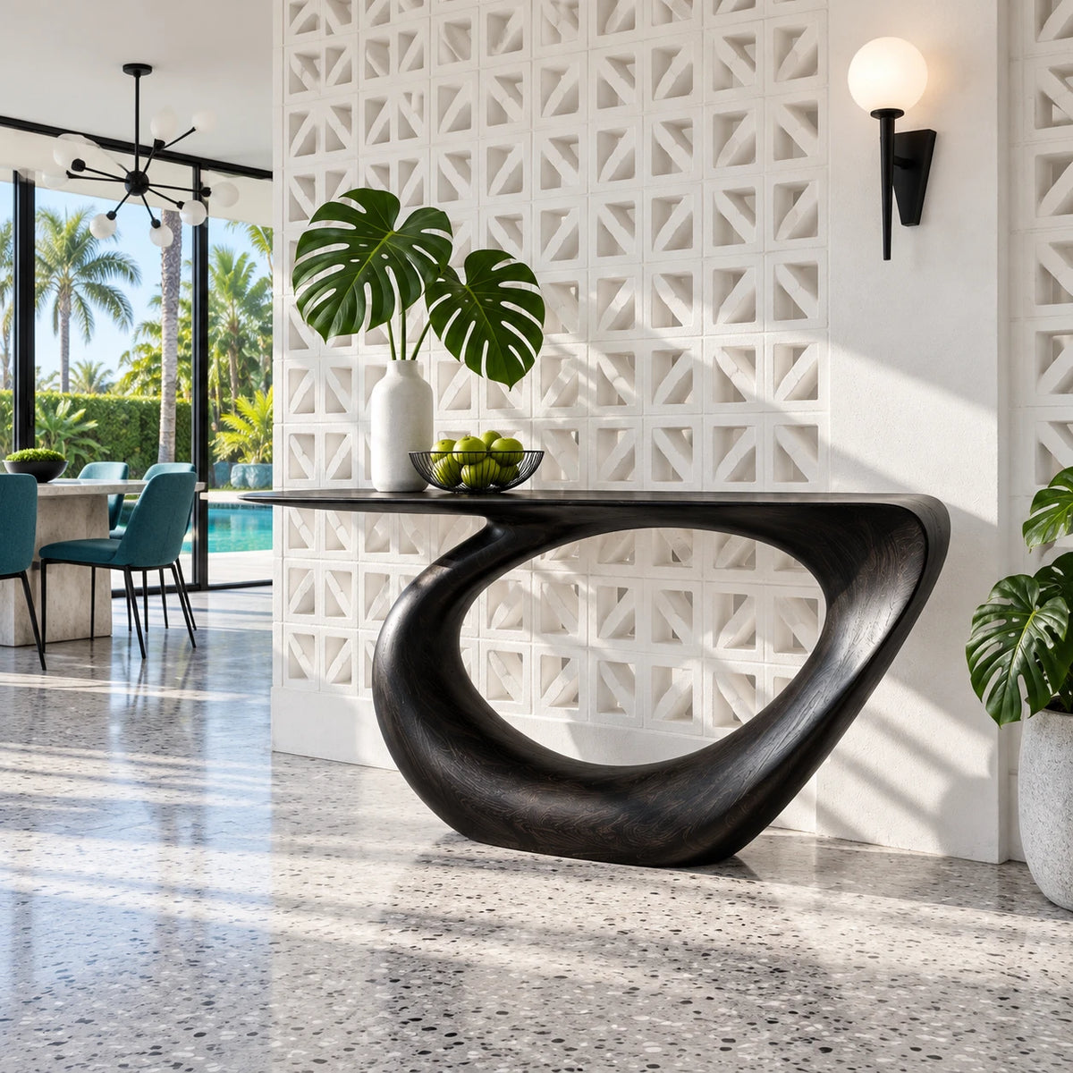 Modern Console Table with Looping Teardrop Pedestal and Tapered-Point Slab Top - Arboriswood - 13