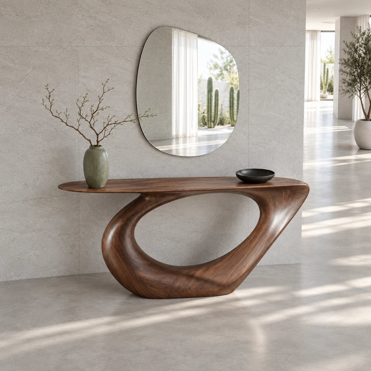 Modern Console Table with Looping Teardrop Pedestal and Tapered-Point Slab Top - Arboriswood - 5
