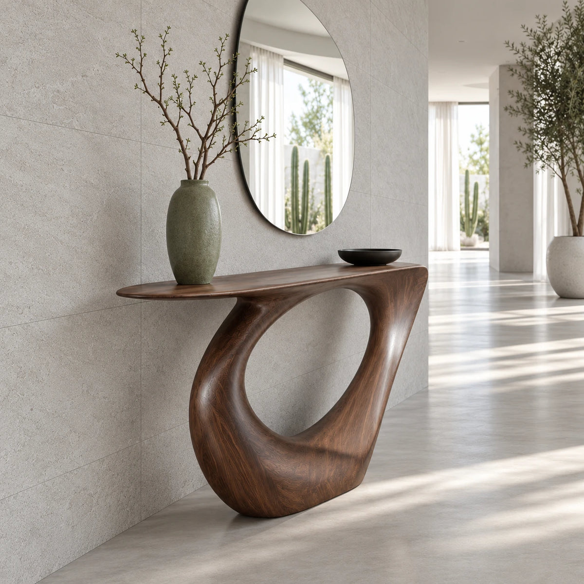 Modern Console Table with Looping Teardrop Pedestal and Tapered-Point Slab Top - Arboriswood - 6