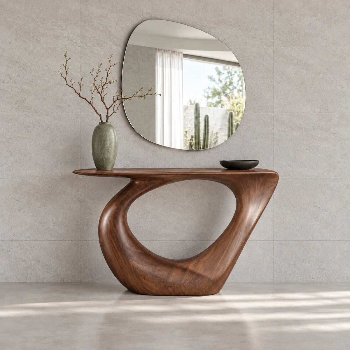 Modern Console Table with Looping Teardrop Pedestal and Tapered-Point Slab Top - Arboriswood - 8