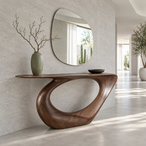 Modern Console Table with Looping Teardrop Pedestal and Tapered-Point Slab Top - Arboriswood