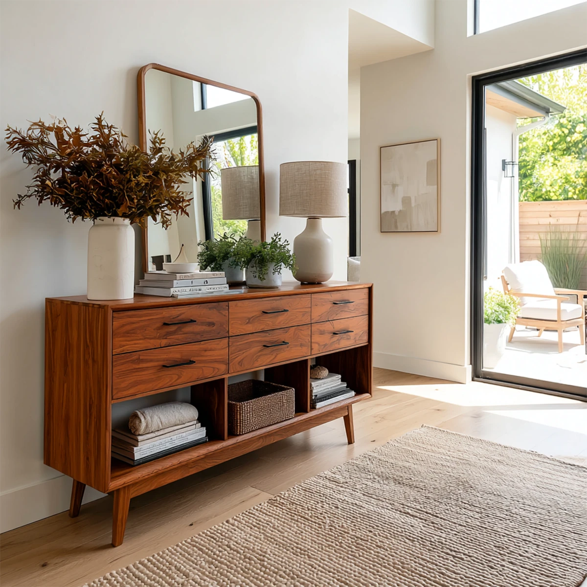 Modern console table with six drawers and open shelf storage for organized entryways