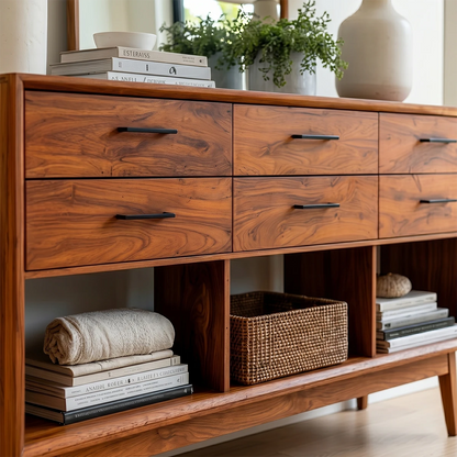Elegant hallway console with spacious drawers and open shelving for everyday essentials