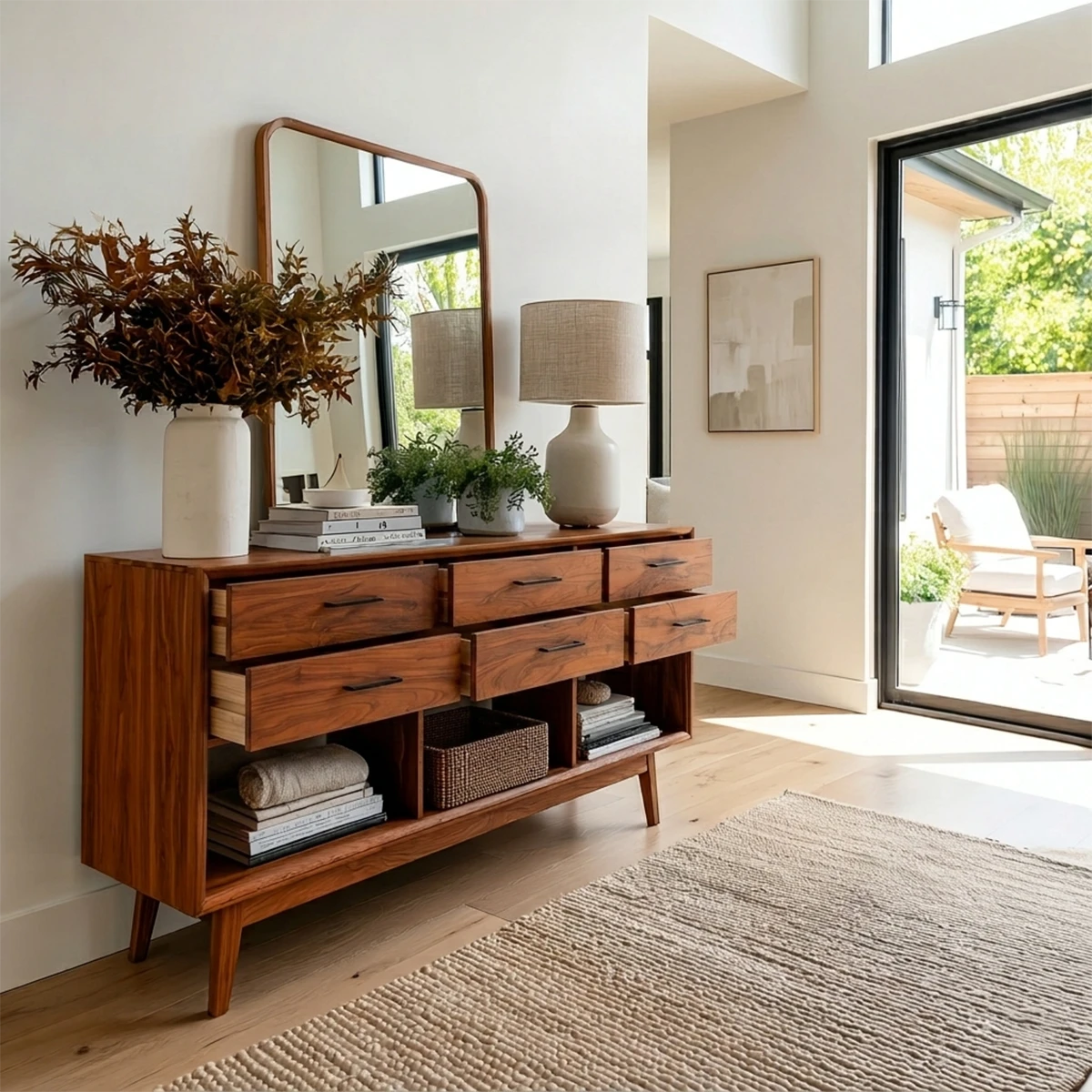 Functional foyer table with six drawers and open storage cubbies for home organization