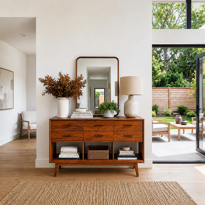 Modern accent console with six functional drawers and lower shelf storage sections