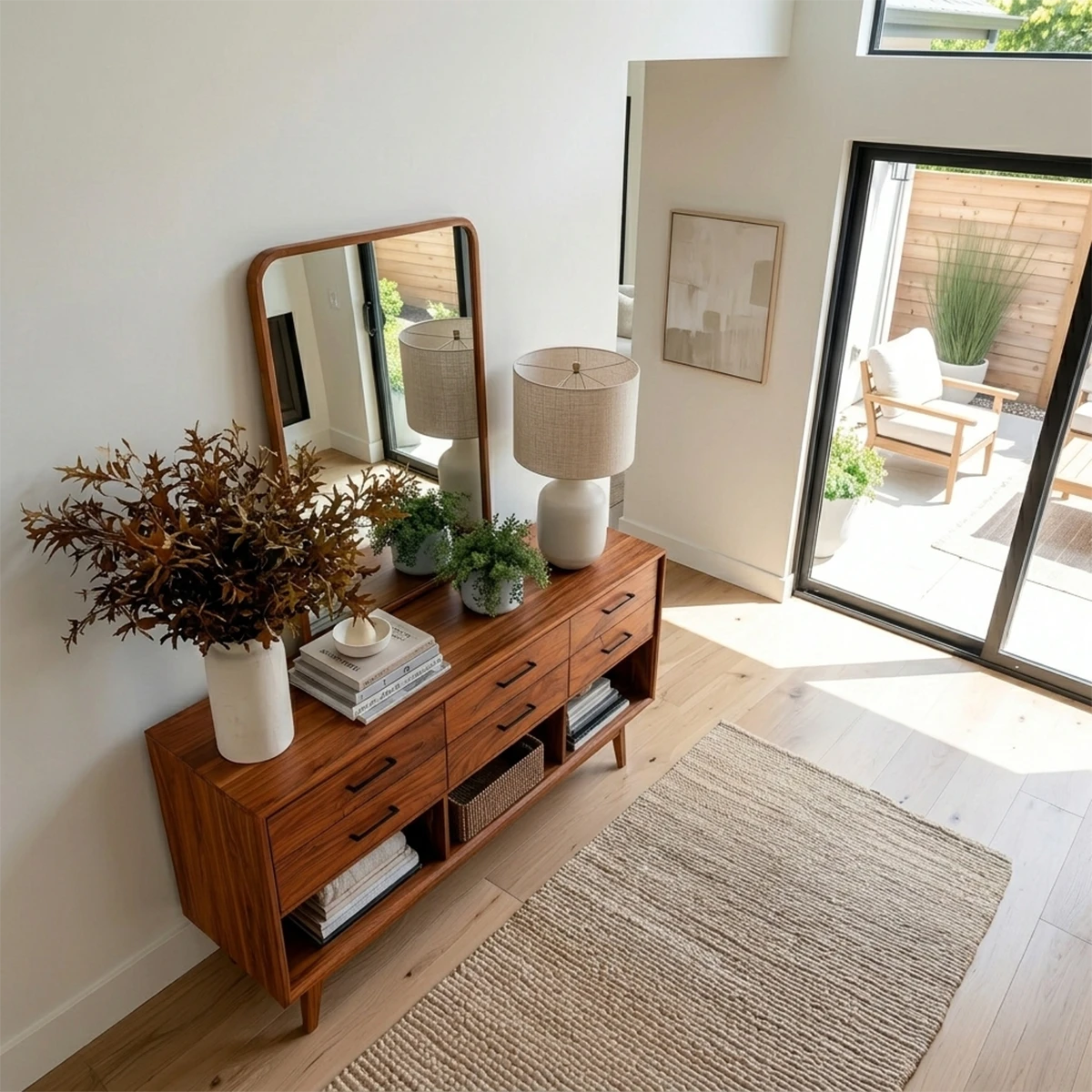 Refined console cabinet offering concealed drawer storage and accessible lower shelving
