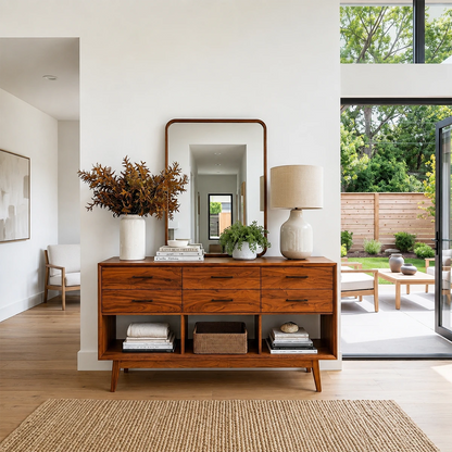 Thoughtfully designed entryway console featuring spacious drawers and display shelving