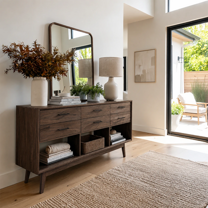 Minimalist sofa table with six drawers and open shelf compartments for stylish storage