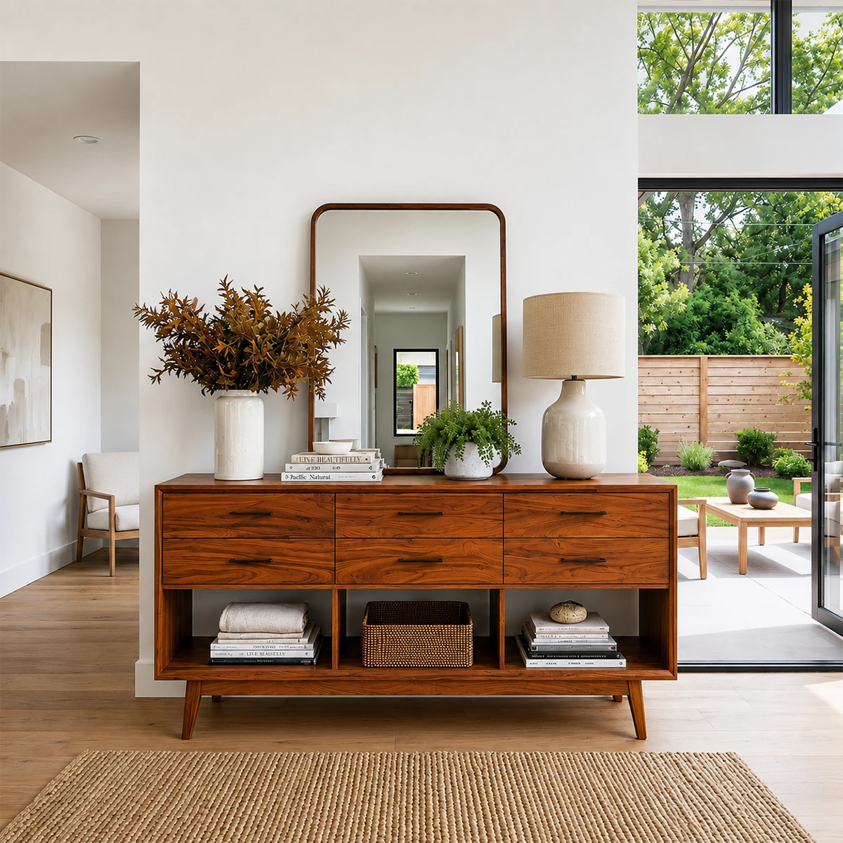Contemporary storage table with six drawers and open cubbies for organized living spaces