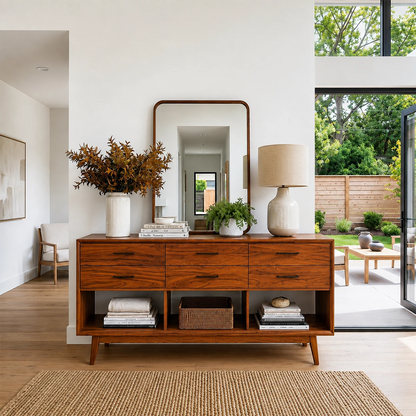 Contemporary storage table with six drawers and open cubbies for organized living spaces