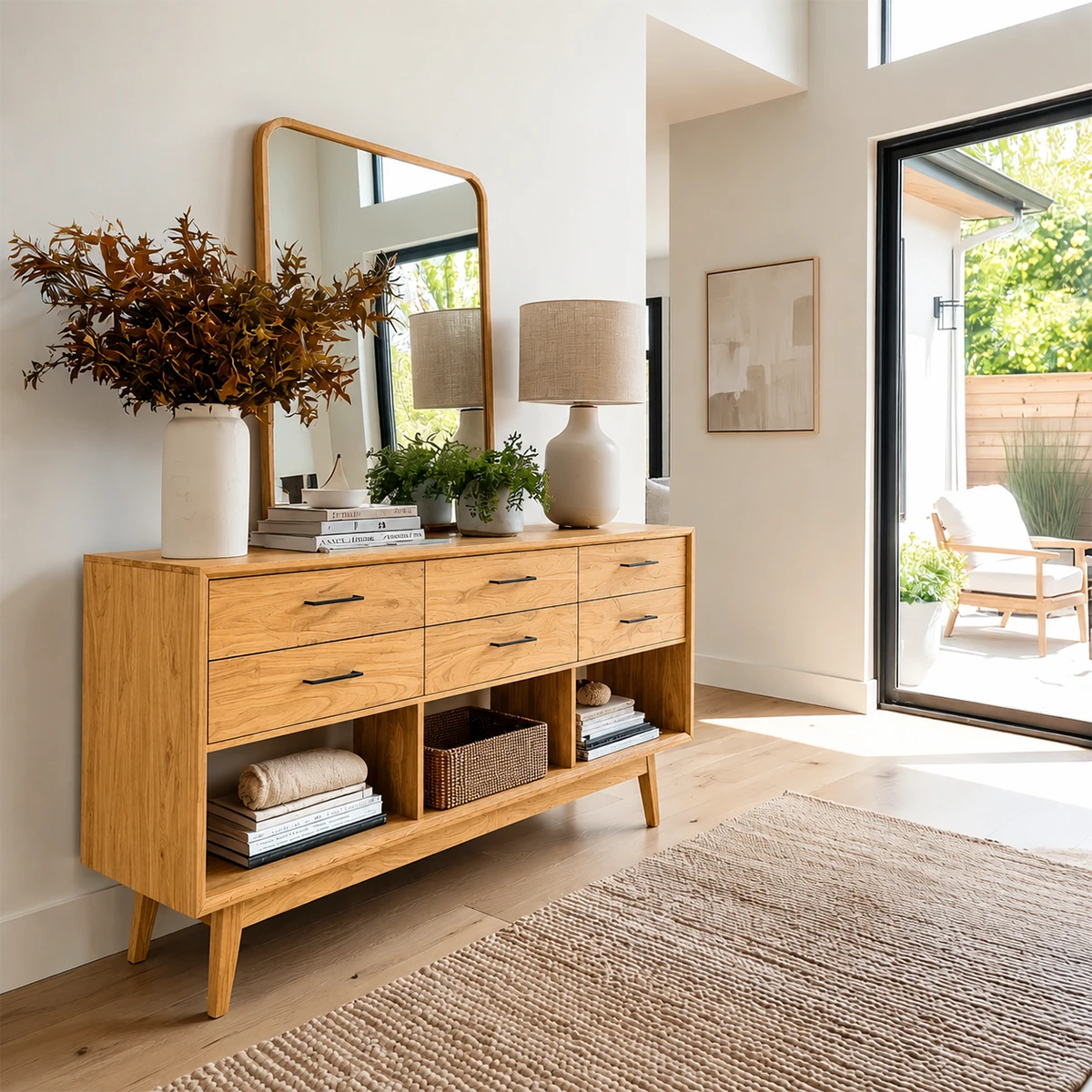 Versatile entry console featuring organized drawer space and practical open shelving