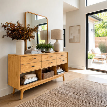 Versatile entry console featuring organized drawer space and practical open shelving