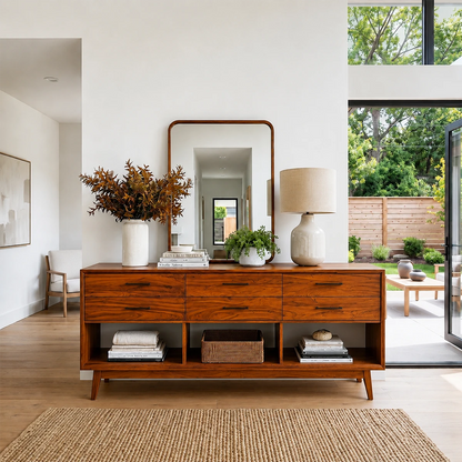 Wooden console table with decorative items in a modern living room.