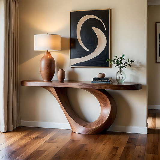 Modern entryway styled with a curved solid wood console table featuring a sculptural loop base