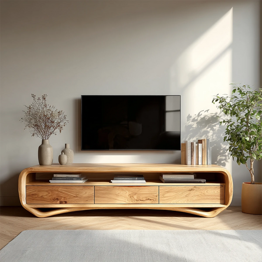 Modern curved TV stand in solid wood with drawers and open shelf for minimalist living room styling