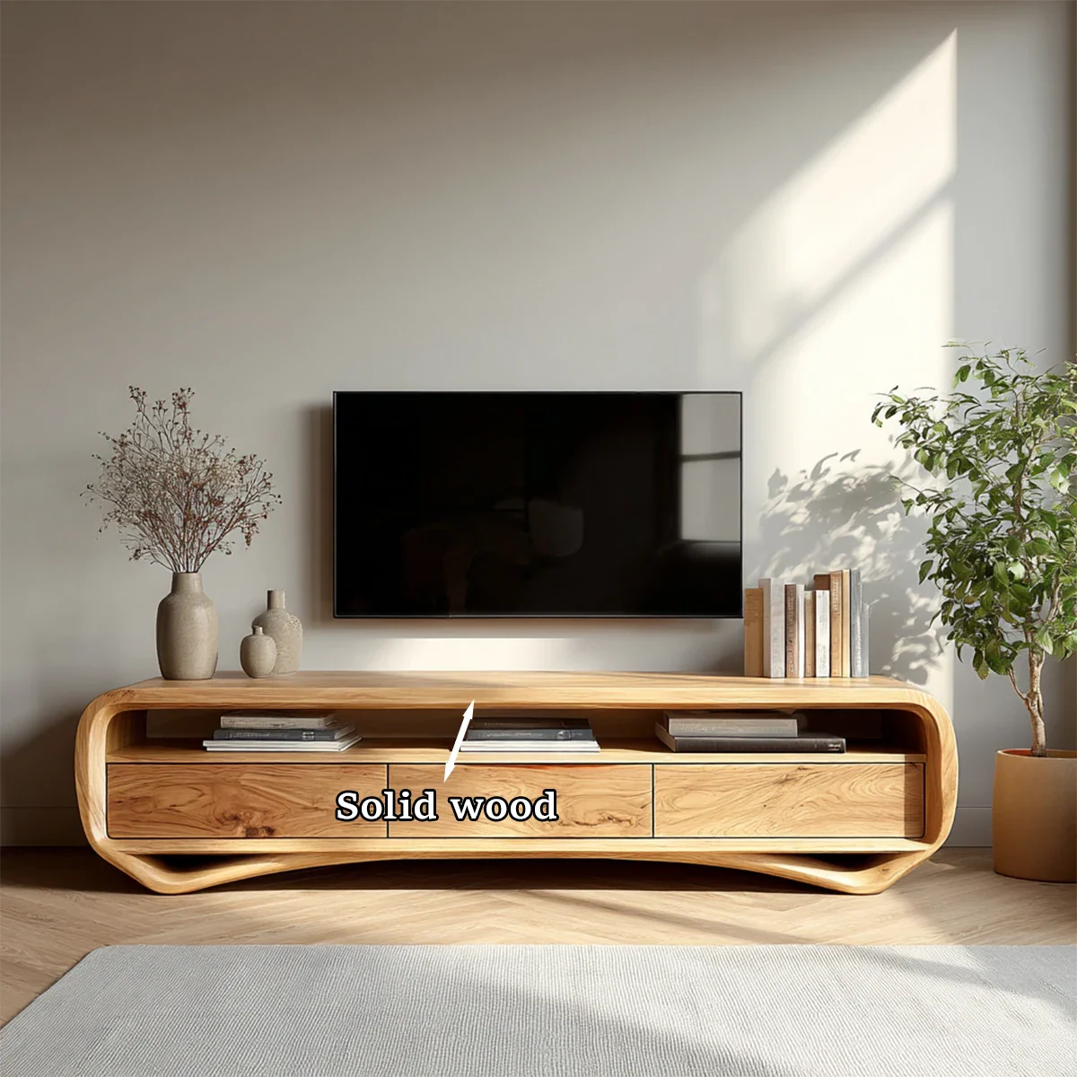 Rounded edge TV stand with drawers and open shelf creates a balanced minimalist interior style