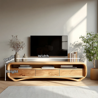 Contemporary curved TV console in solid wood with storage delivers both function and elegance
