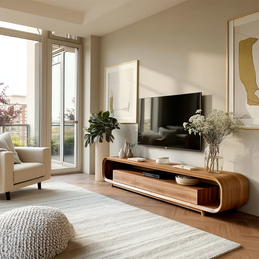 Modern curved TV stand in solid wood with storage drawers and open shelf in a bright living room