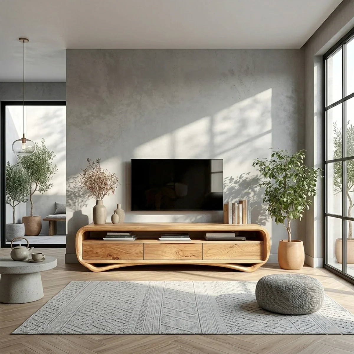 A low profile media console with smooth curved edges and storage fits clean modern interiors
