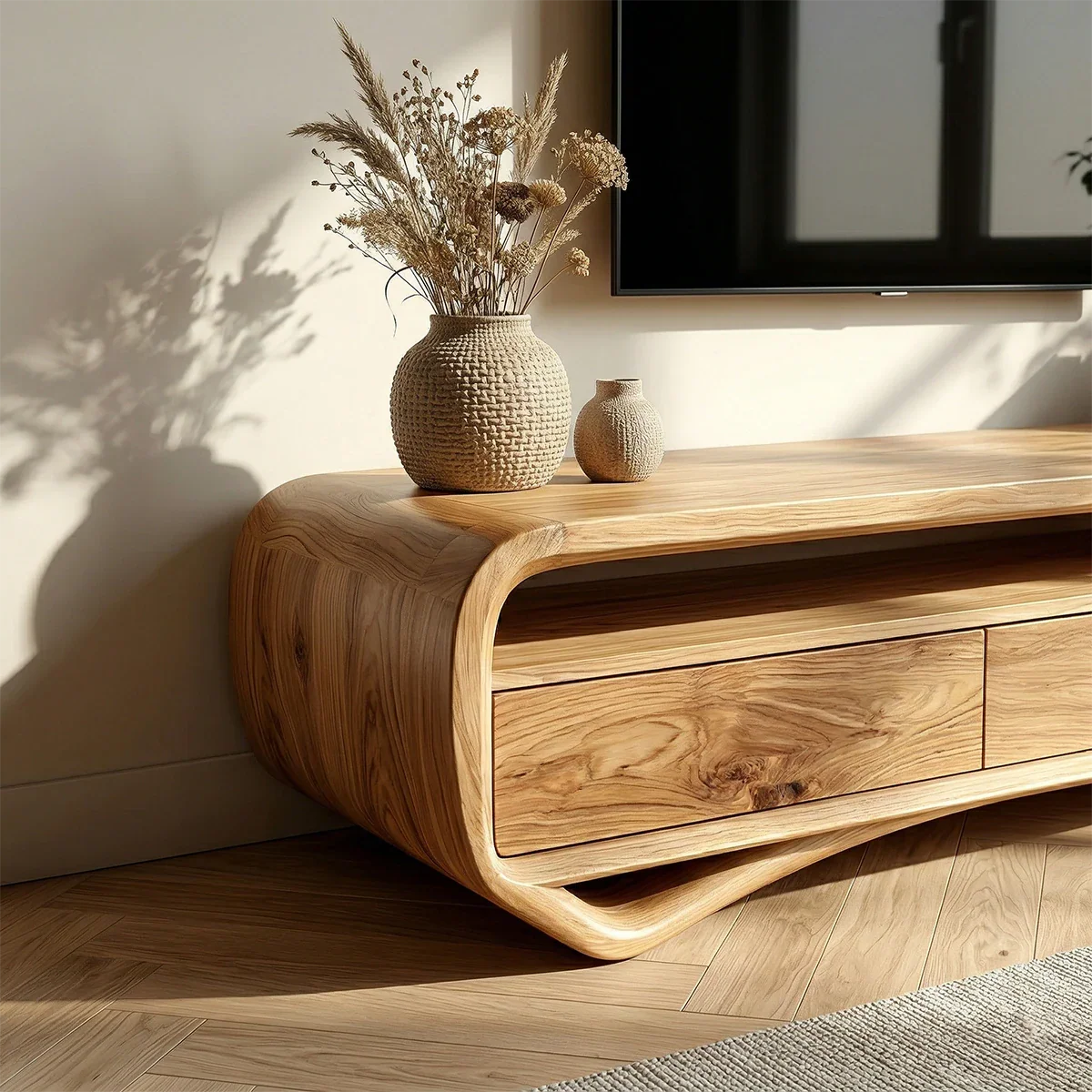 In this bright space, a curved media console adds natural warmth and practical storage solutions