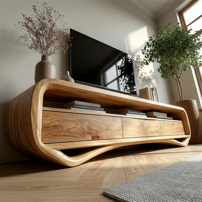 Low height TV console with curved silhouette and storage blends seamlessly into modern homes