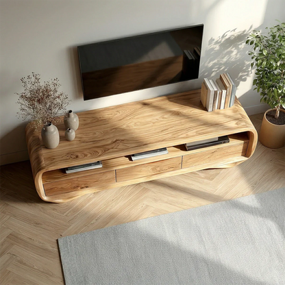This minimalist TV stand features a rounded edge design with drawers and open display shelf