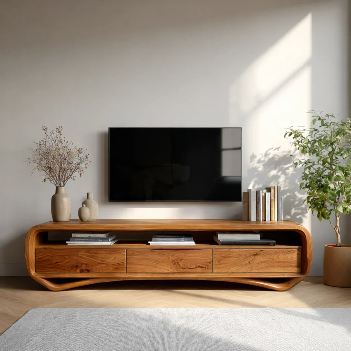 Curved wooden media console with storage compartments enhances a calm and modern living area