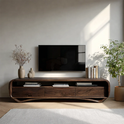 Designed with flowing lines, this solid wood TV stand offers storage and organic visual appeal