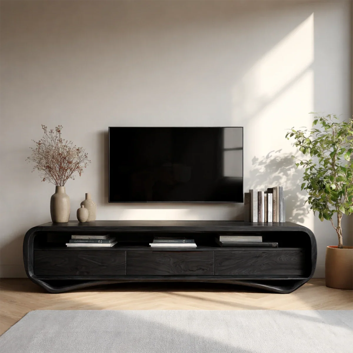 A modern media unit with soft curves and natural wood texture complements contemporary décor