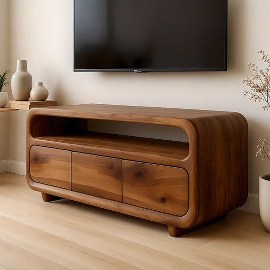 Dark brown TV stand with organic grain front panels and clean lines in a modern living room