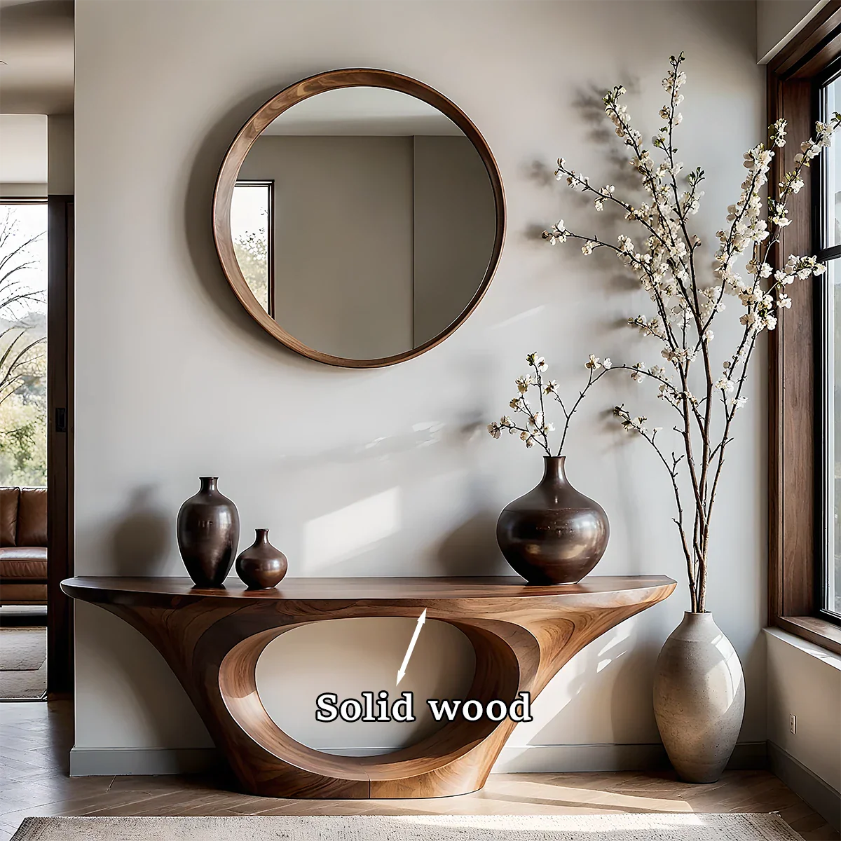 Modern Entryway Console Table Natural Solid Wood Sculptural Oval Hollow Base - ArborisWood - 10
