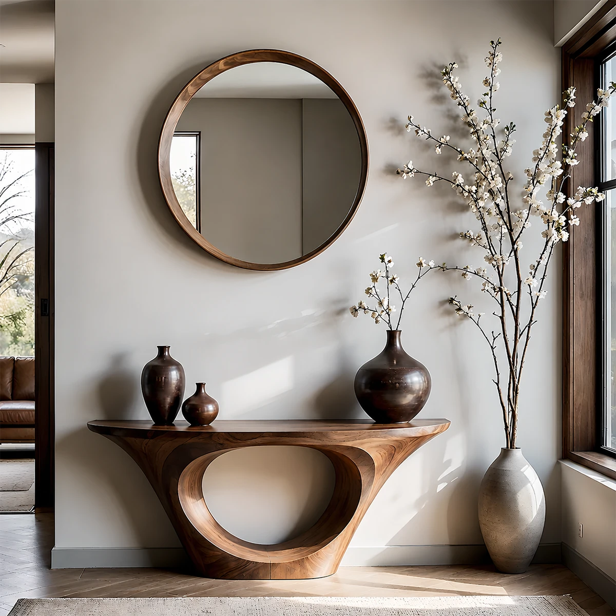 Modern Entryway Console Table Natural Solid Wood Sculptural Oval Hollow Base - ArborisWood - 13