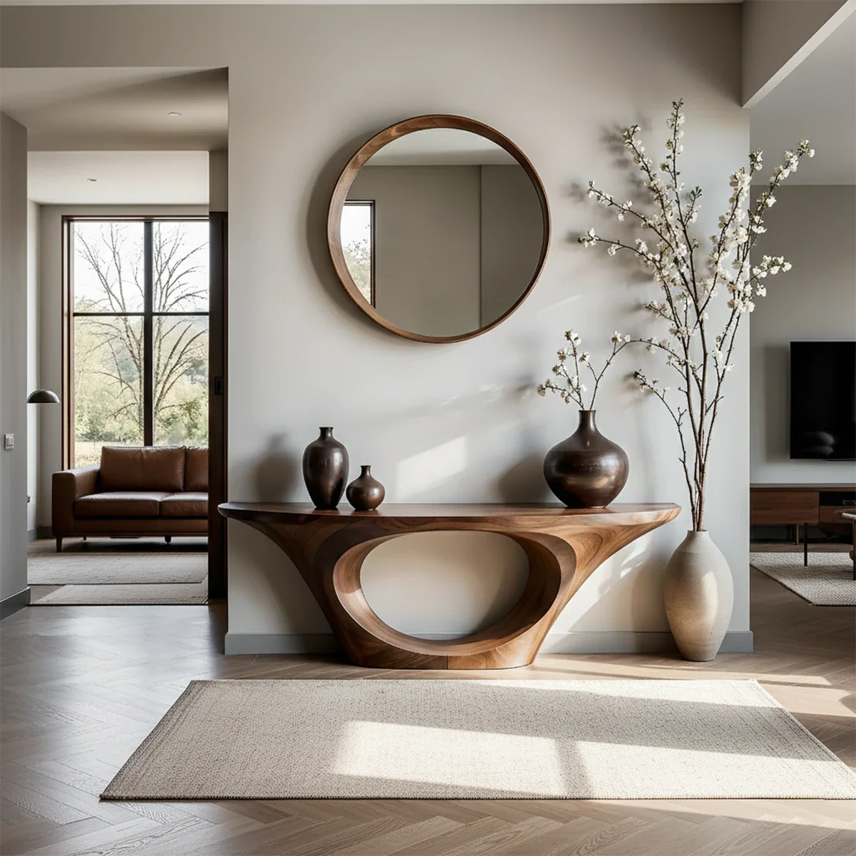 Modern Entryway Console Table Natural Solid Wood Sculptural Oval Hollow Base - ArborisWood - 3