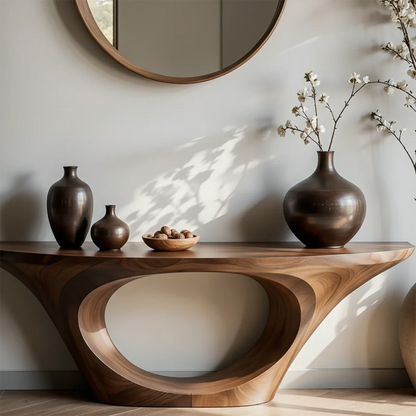 Modern Entryway Console Table Natural Solid Wood Sculptural Oval Hollow Base - ArborisWood - 4