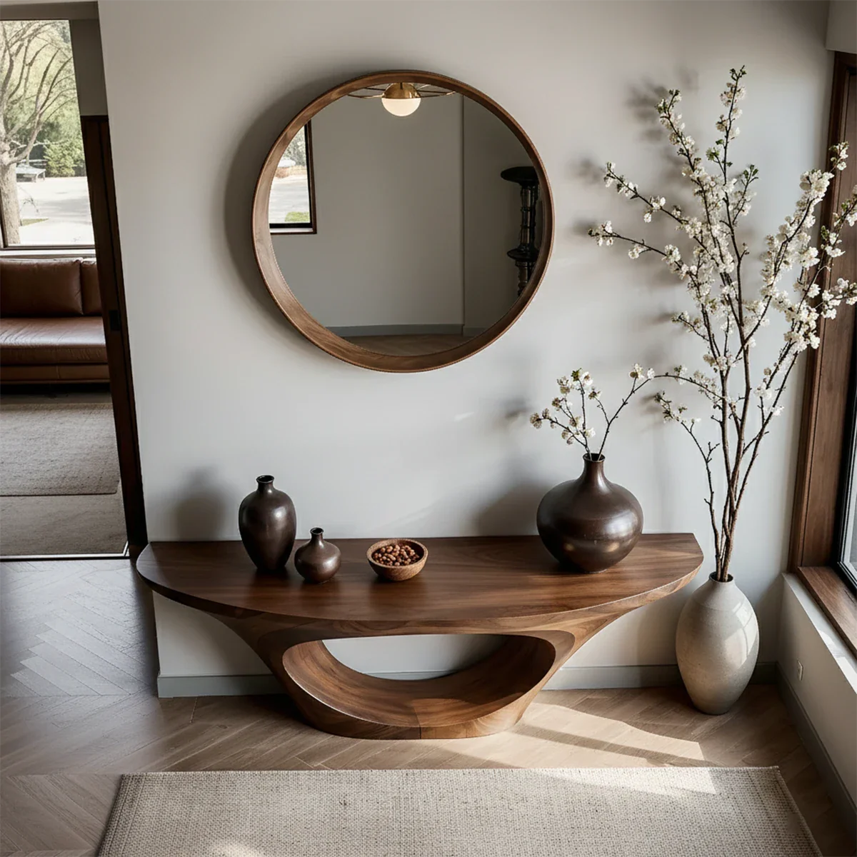 Modern Entryway Console Table Natural Solid Wood Sculptural Oval Hollow Base - ArborisWood - 6